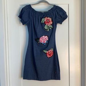 Carmen Steffens Blue Mini Dress with Embroidered Flowers Size S.